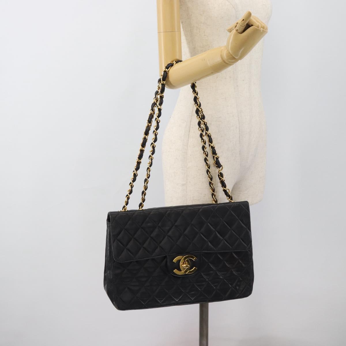 CHANEL Big Matelasse34 Chain Shoulder Bag Lamb Skin Black Gold CC Auth 188910V
