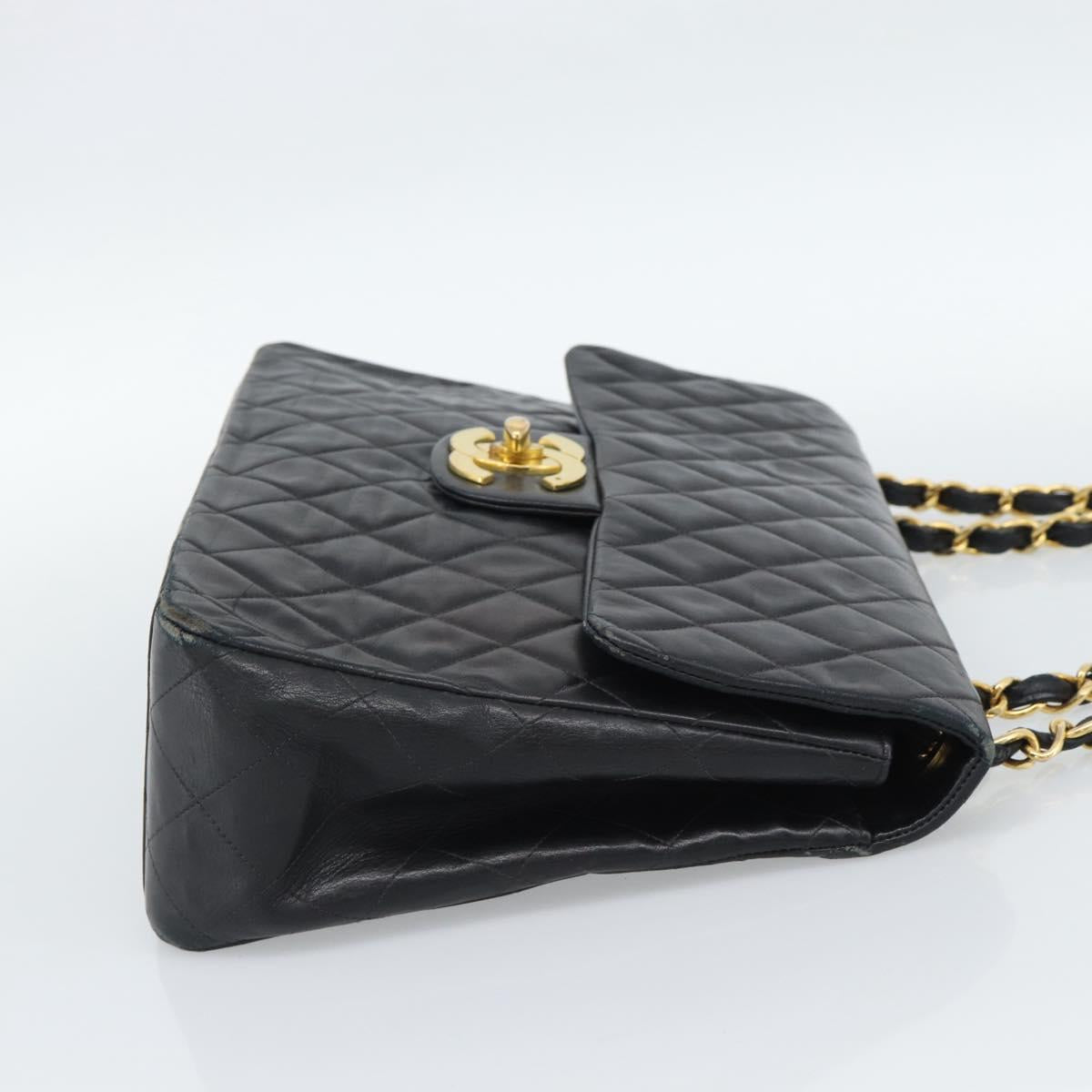 CHANEL Big Matelasse34 Chain Shoulder Bag Lamb Skin Black Gold CC Auth 188910V