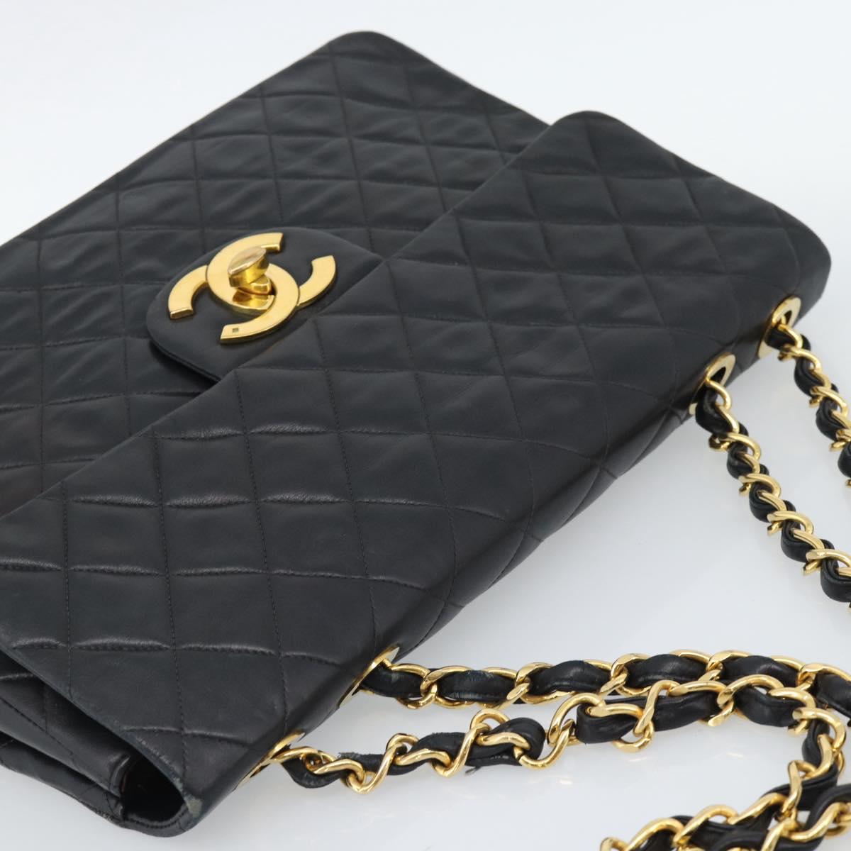 CHANEL Big Matelasse34 Chain Shoulder Bag Lamb Skin Black Gold CC Auth 188910V