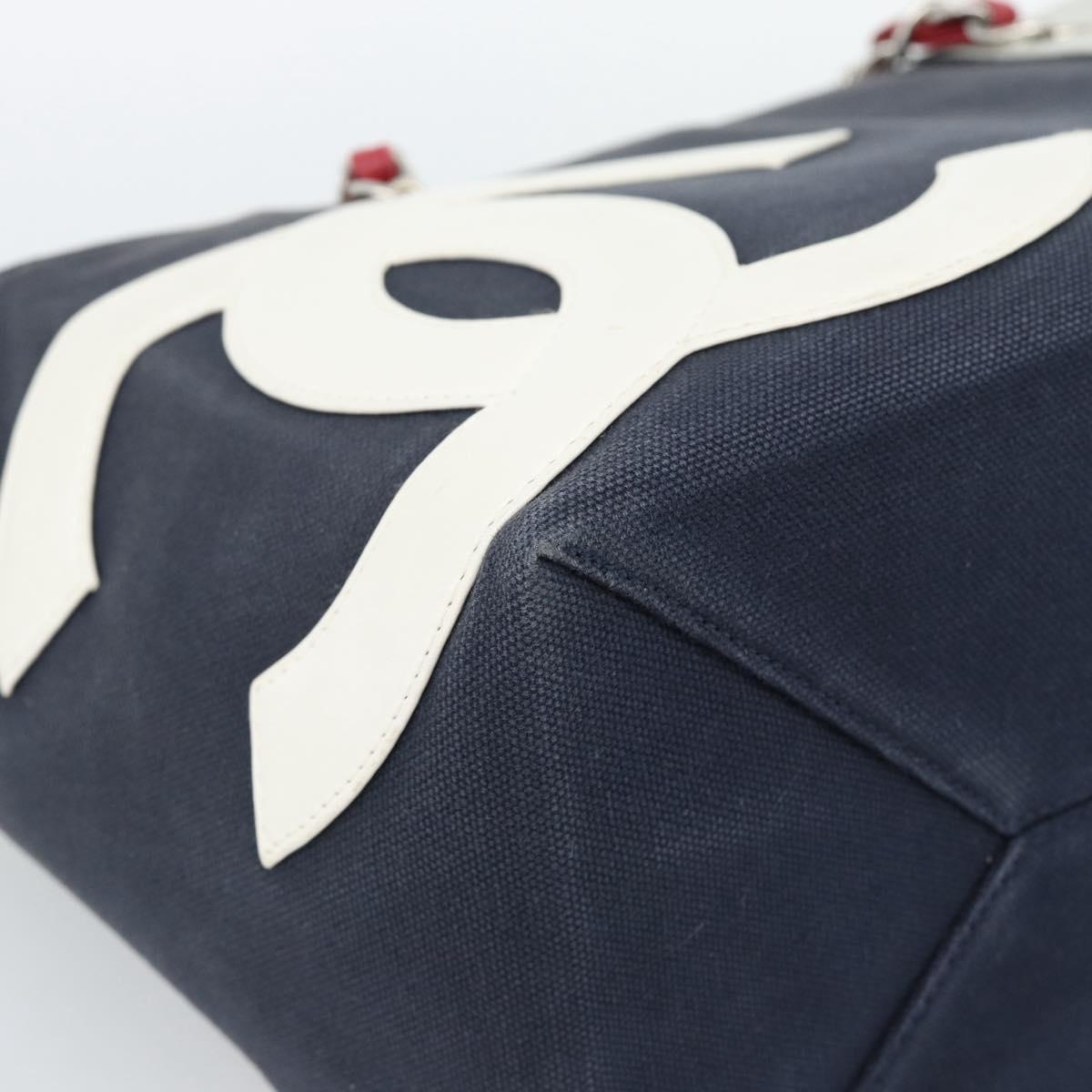CHANEL Choco Bar Chain Tote Bag No5 Canvas Navy Silver CC Auth 188914