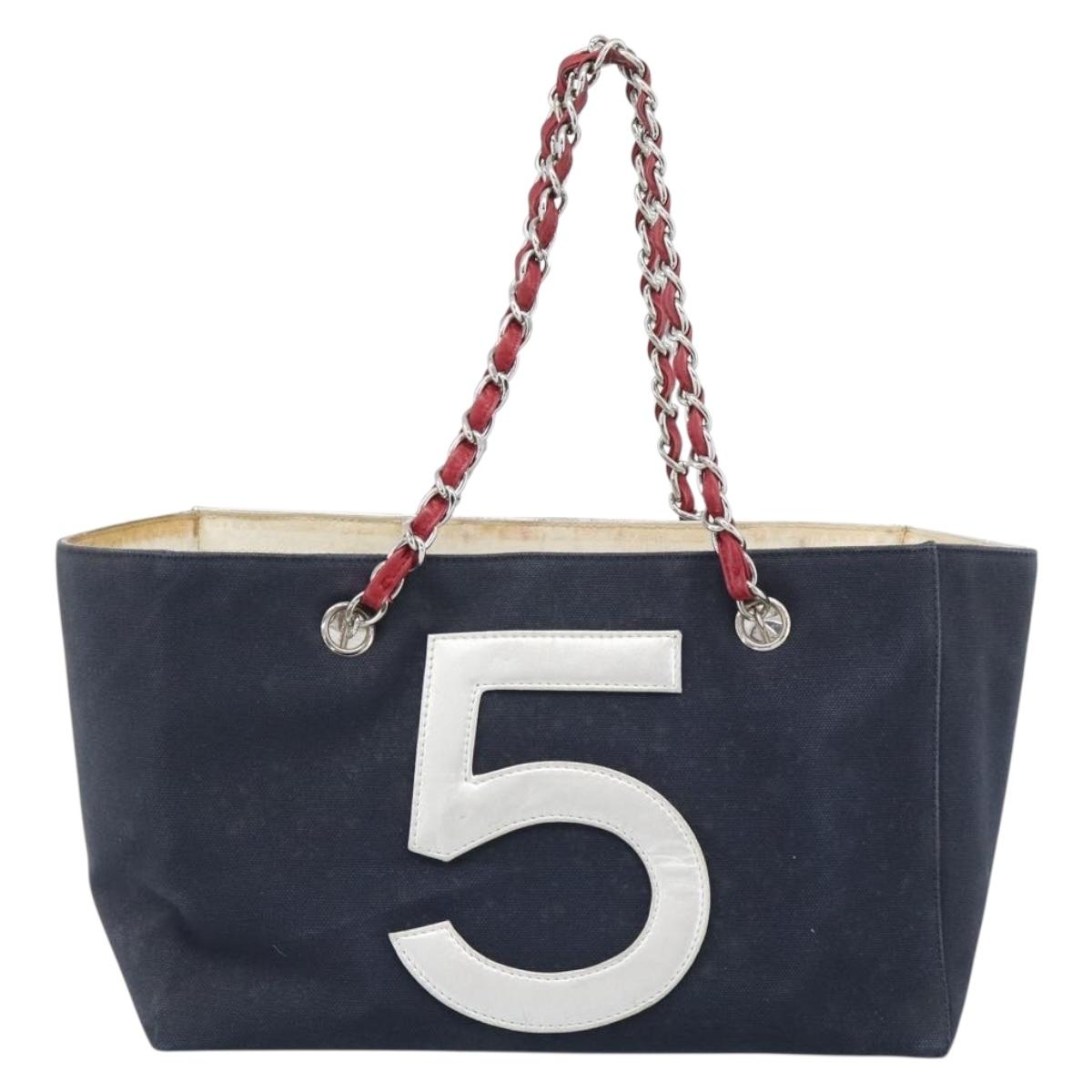 CHANEL Choco Bar Chain Tote Bag No5 Canvas Navy Silver CC Auth 188914