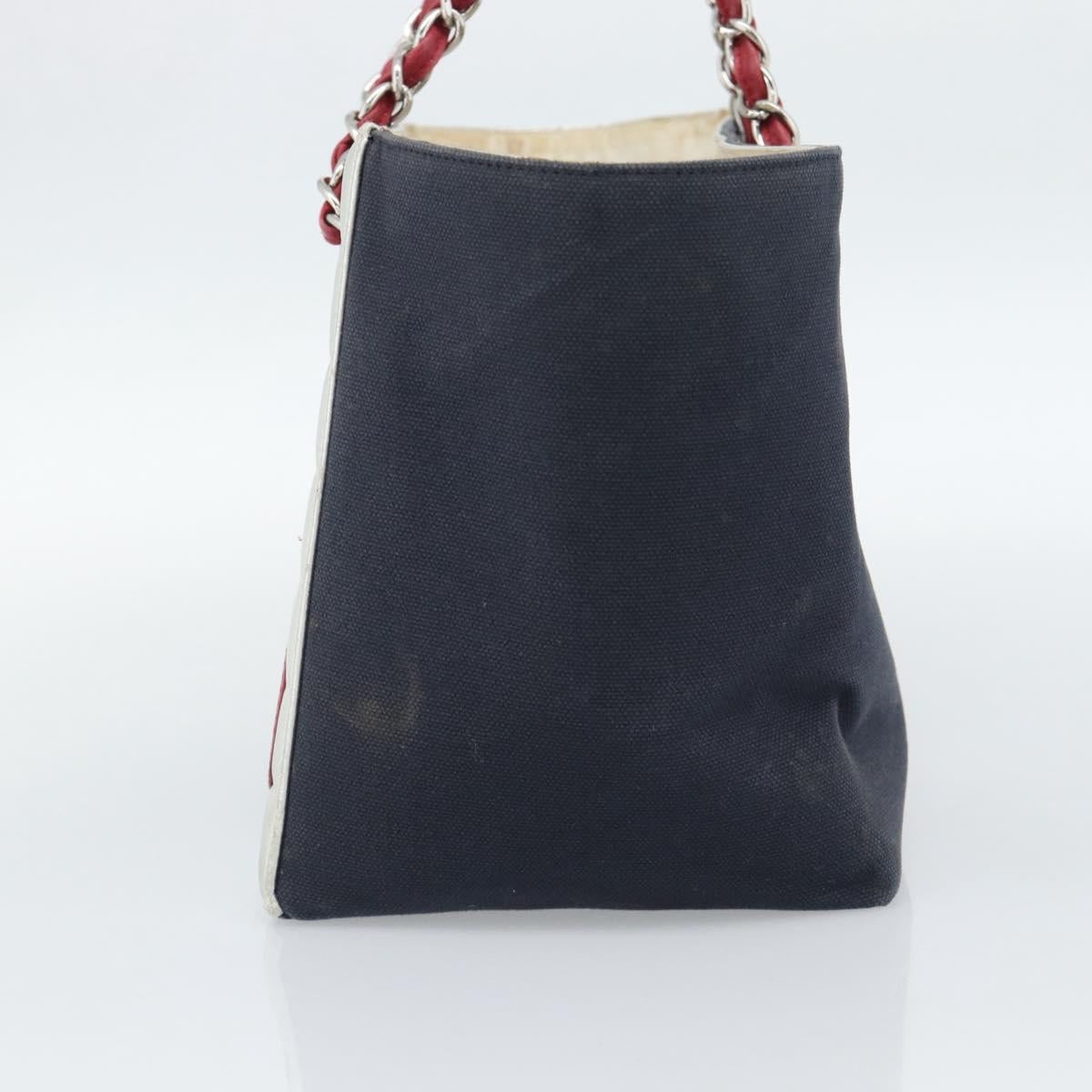 CHANEL Choco Bar Chain Tote Bag No5 Canvas Navy Silver CC Auth 188914