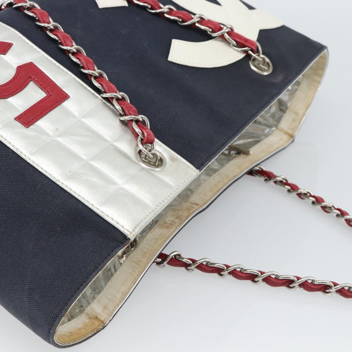 CHANEL Choco Bar Chain Tote Bag No5 Canvas Navy Silver CC Auth 188914