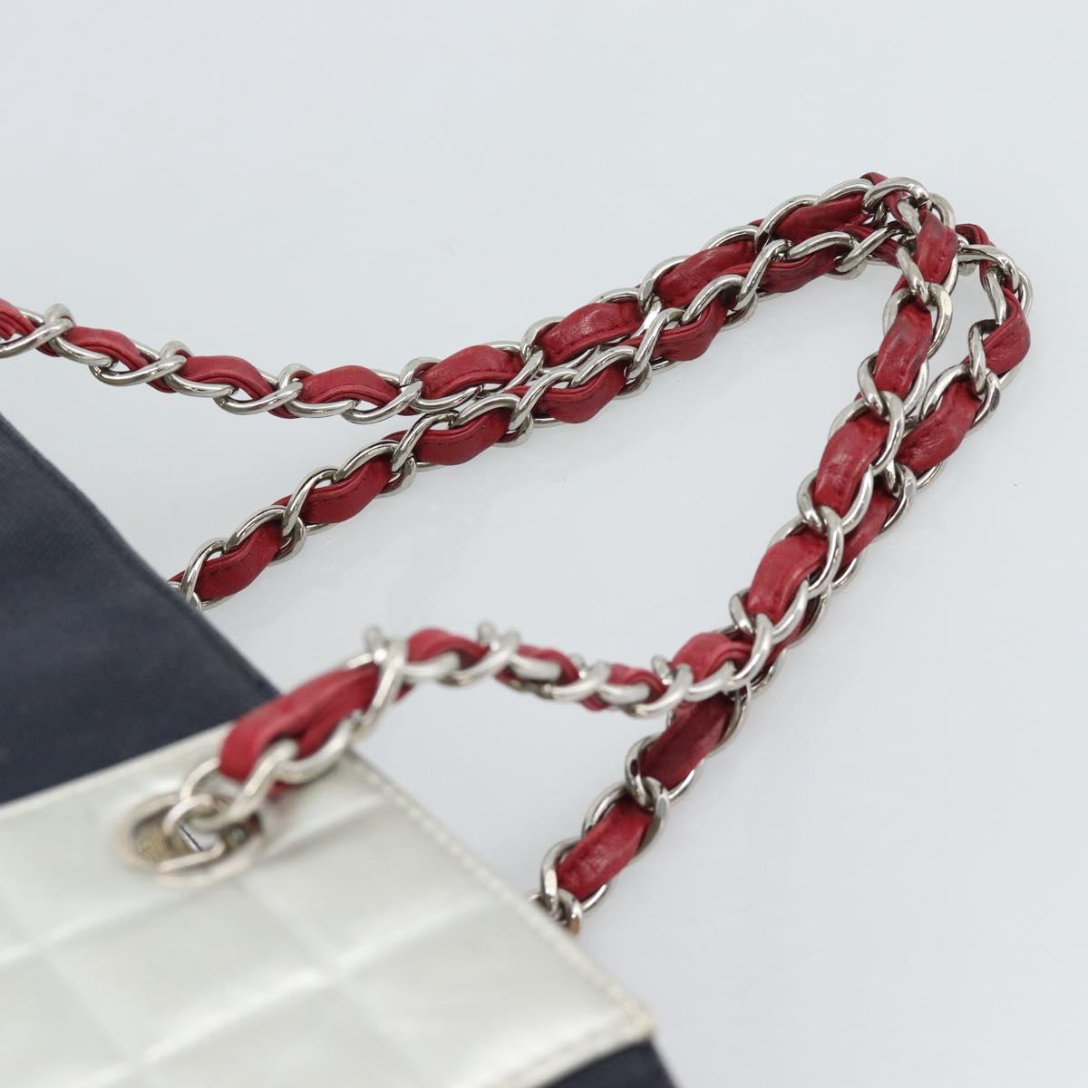 CHANEL Choco Bar Chain Tote Bag No5 Canvas Navy Silver CC Auth 188914
