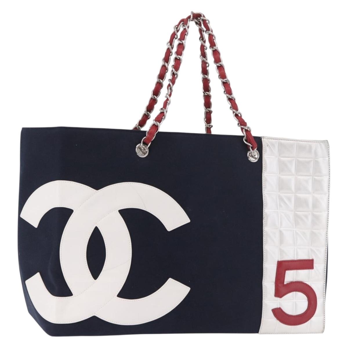CHANEL Choco Bar Chain Tote Bag No5 Canvas Navy Silver CC Auth 188915V