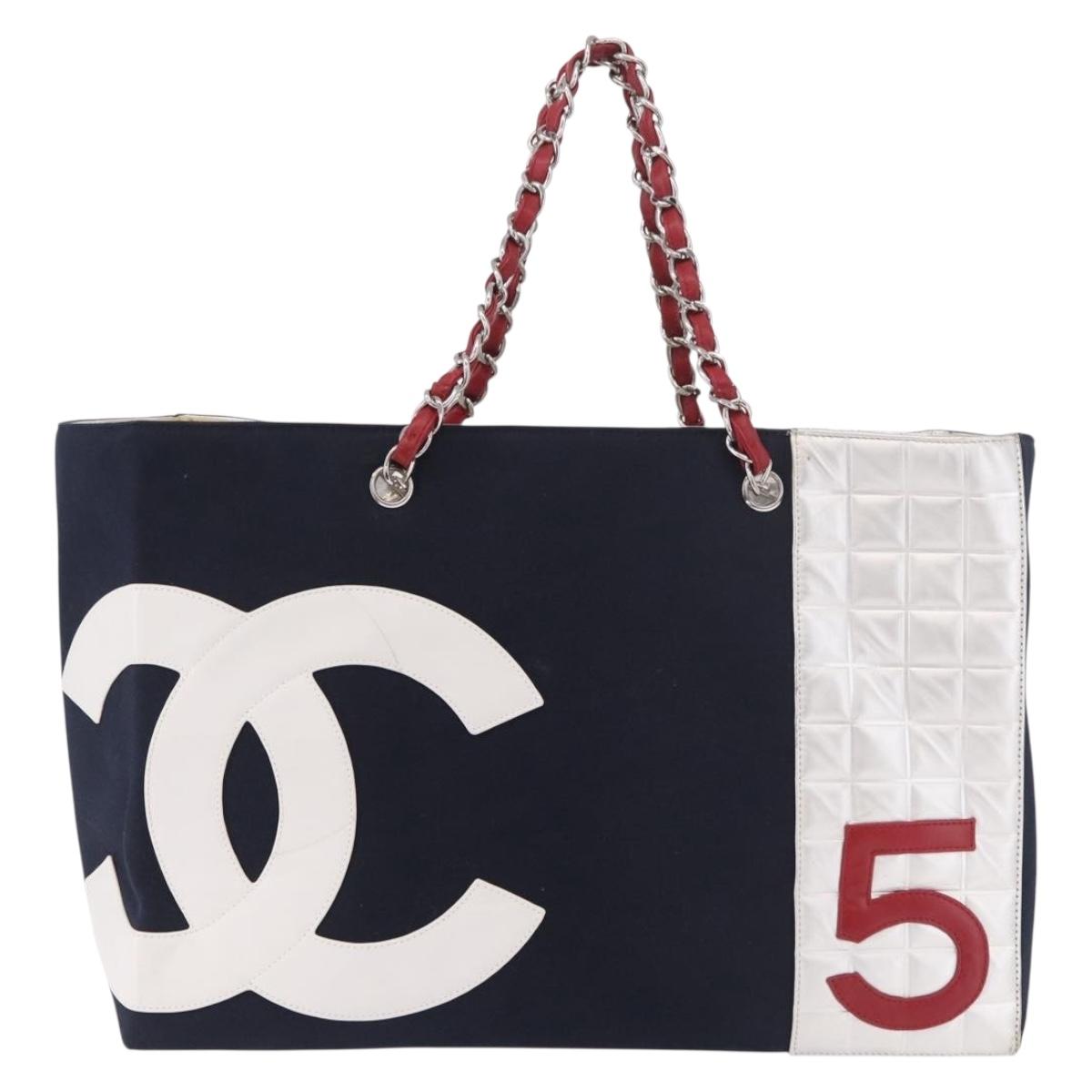 CHANEL Choco Bar Chain Tote Bag No5 Canvas Navy Silver CC Auth 188915V