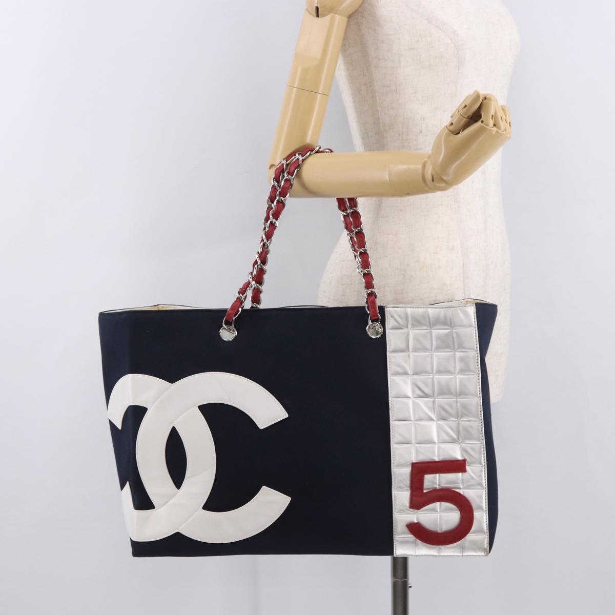 CHANEL Choco Bar Chain Tote Bag No5 Canvas Navy Silver CC Auth 188915V