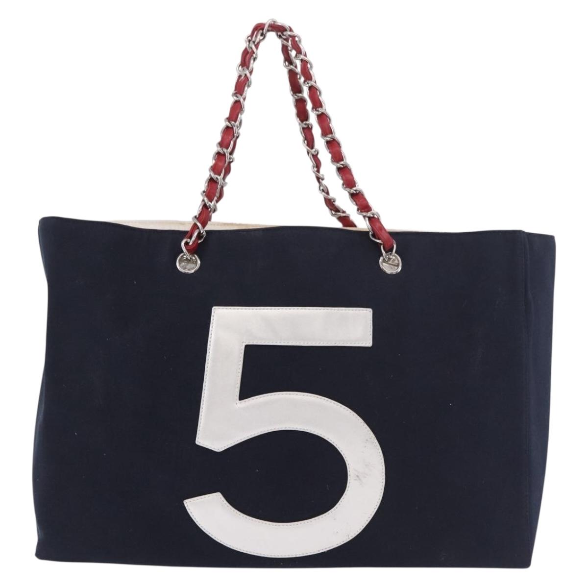 CHANEL Choco Bar Chain Tote Bag No5 Canvas Navy Silver CC Auth 188915V