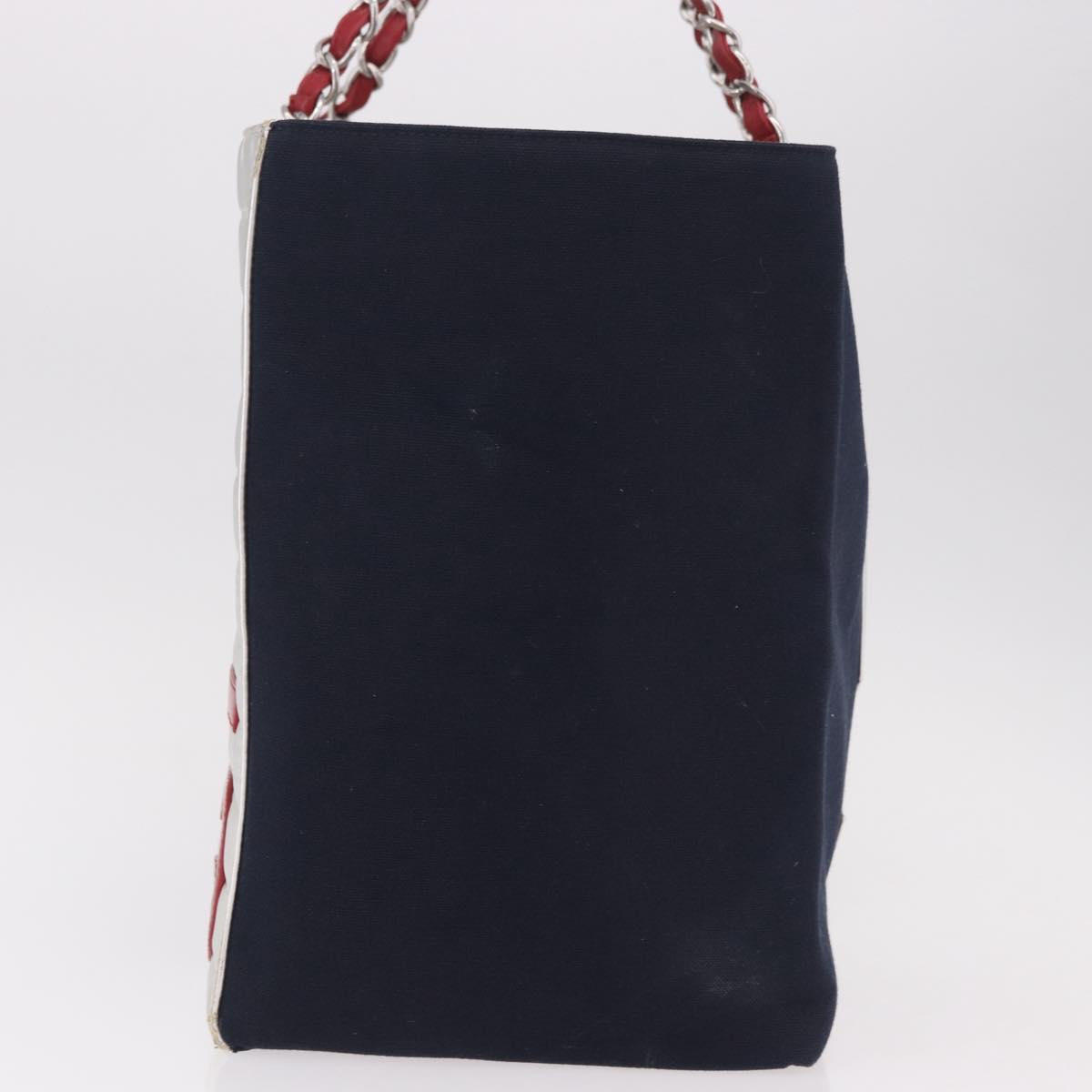 CHANEL Choco Bar Chain Tote Bag No5 Canvas Navy Silver CC Auth 188915V
