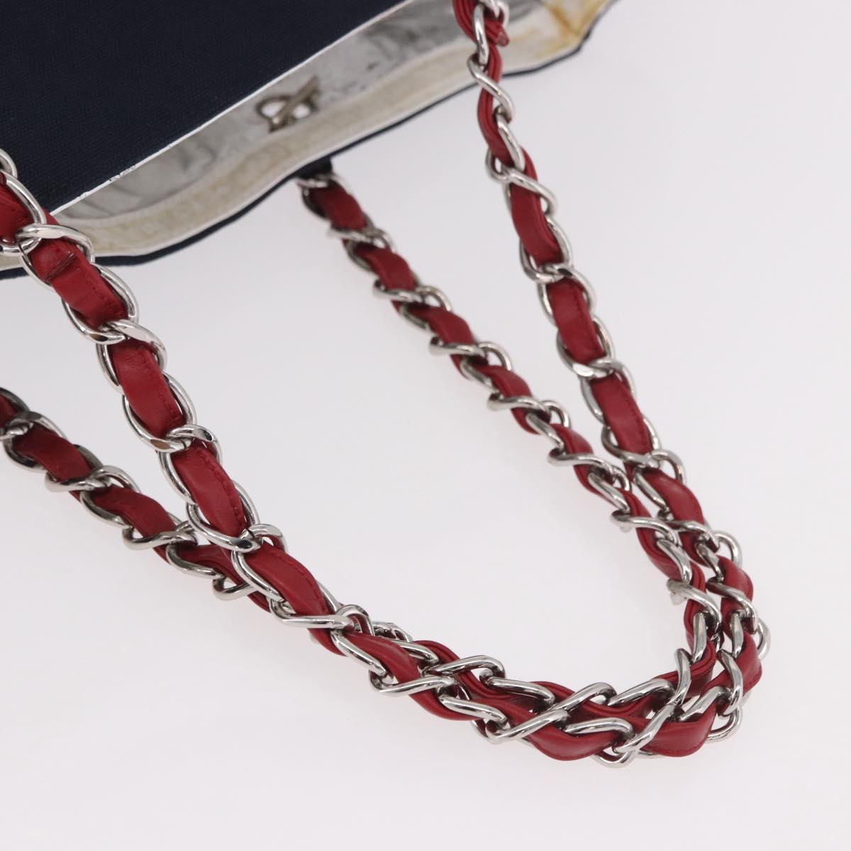 CHANEL Choco Bar Chain Tote Bag No5 Canvas Navy Silver CC Auth 188915V
