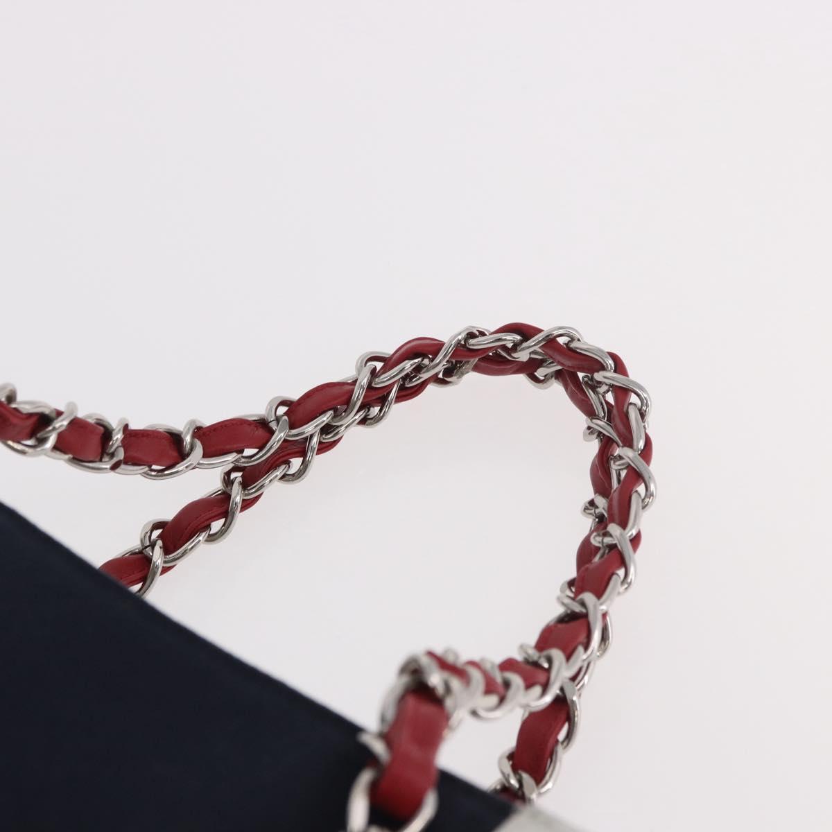 CHANEL Choco Bar Chain Tote Bag No5 Canvas Navy Silver CC Auth 188915V