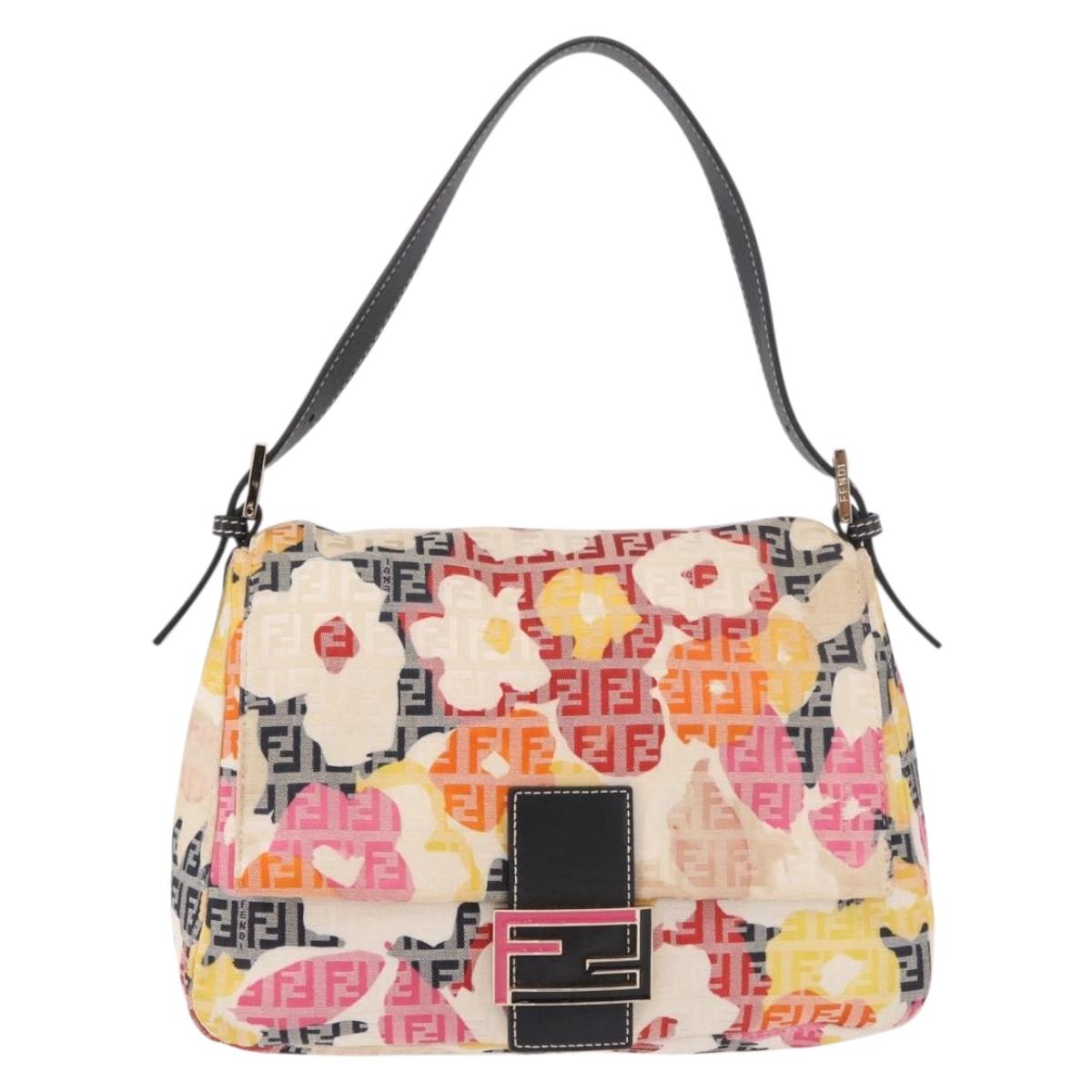 FENDI Mamma Baguette Zucchino Canvas Shoulder Bag Multicolor Gold Auth 188917SAM