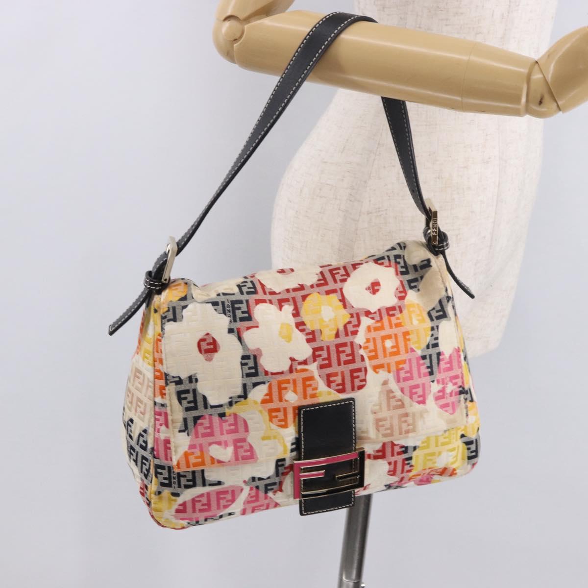 FENDI Mamma Baguette Zucchino Canvas Shoulder Bag Multicolor Gold Auth 188917SAM