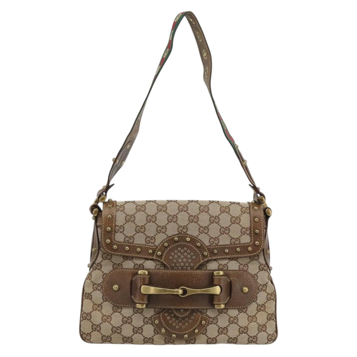 GUCCI Horsebit Shoulder Bag GG Canvas Beige Gold 144010 Auth 188928V