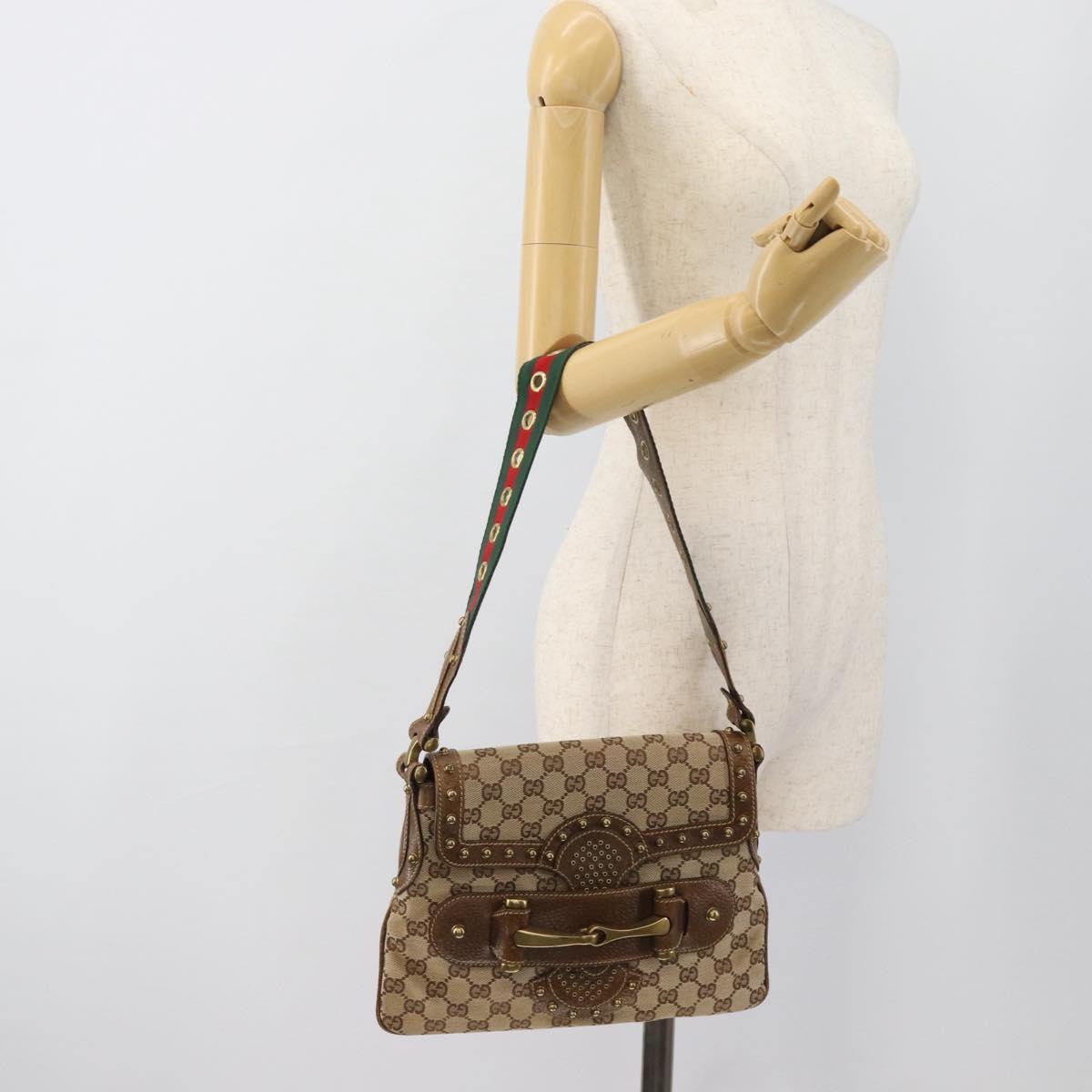 GUCCI Horsebit Shoulder Bag GG Canvas Beige Gold 144010 Auth 188928V