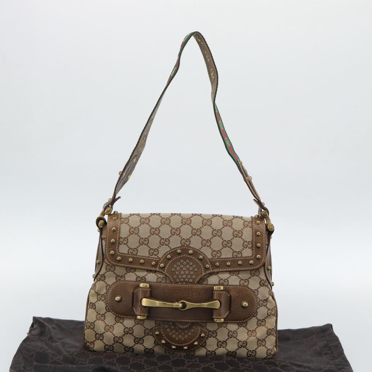 GUCCI Horsebit Shoulder Bag GG Canvas Beige Gold 144010 Auth 188928V
