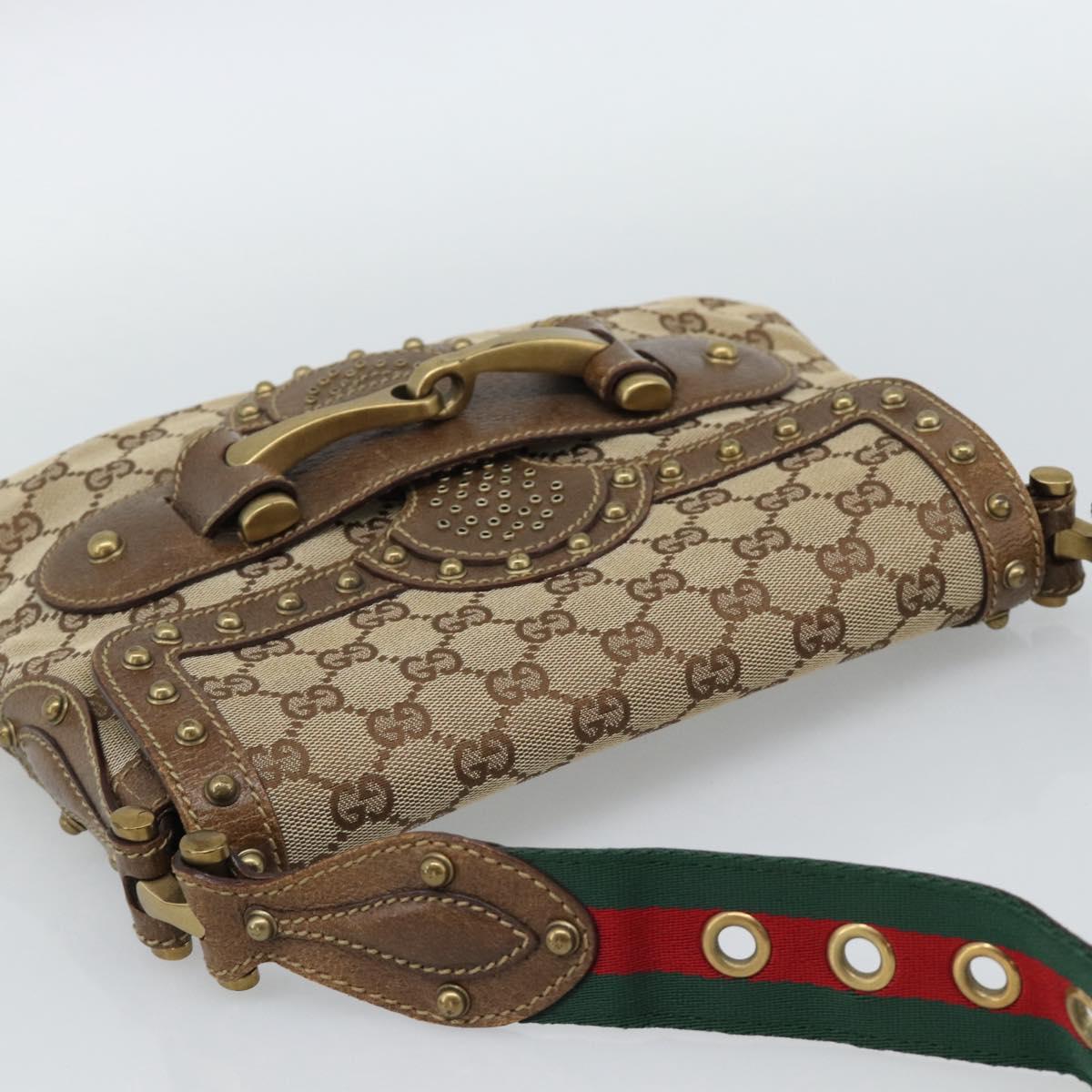 GUCCI Horsebit Shoulder Bag GG Canvas Beige Gold 144010 Auth 188928V