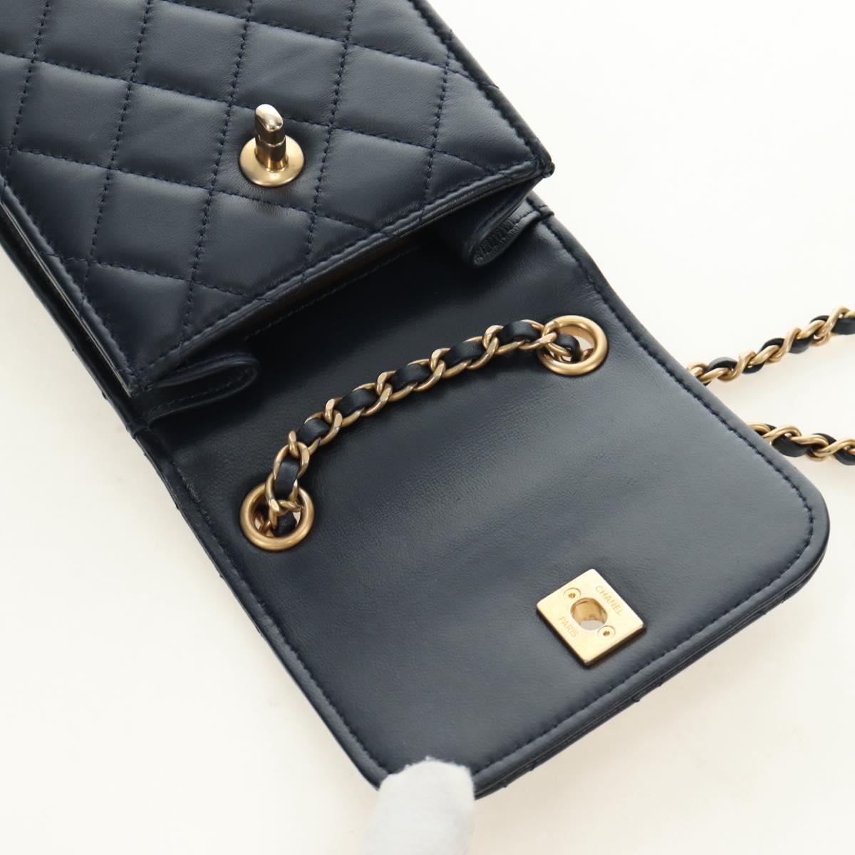 CHANEL Matelasse Chain Shoulder Bag Leather Navy Gold CC Auth 188933SAM