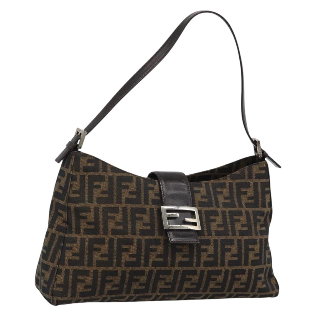 FENDI Zucca Canvas Mamma Baguette Shoulder Bag Black Brown Auth 188964V