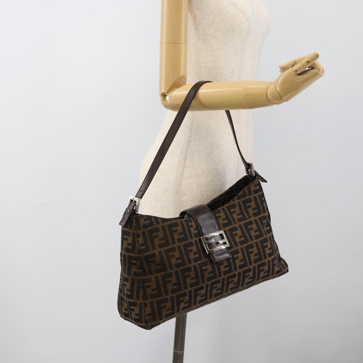 FENDI Zucca Canvas Mamma Baguette Shoulder Bag Black Brown Auth 188964V