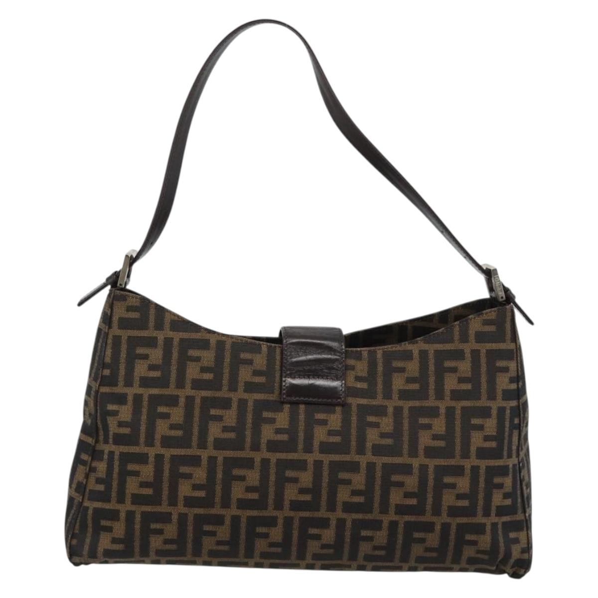FENDI Zucca Canvas Mamma Baguette Shoulder Bag Black Brown Auth 188964V