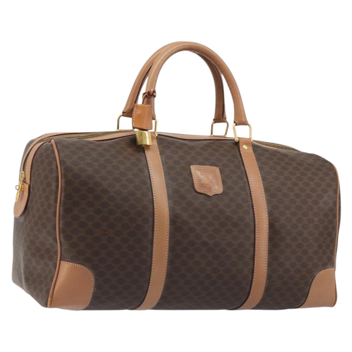 CELINE Macadam Canvas Boston Bag PVC Leather Brown Gold Auth 188967A