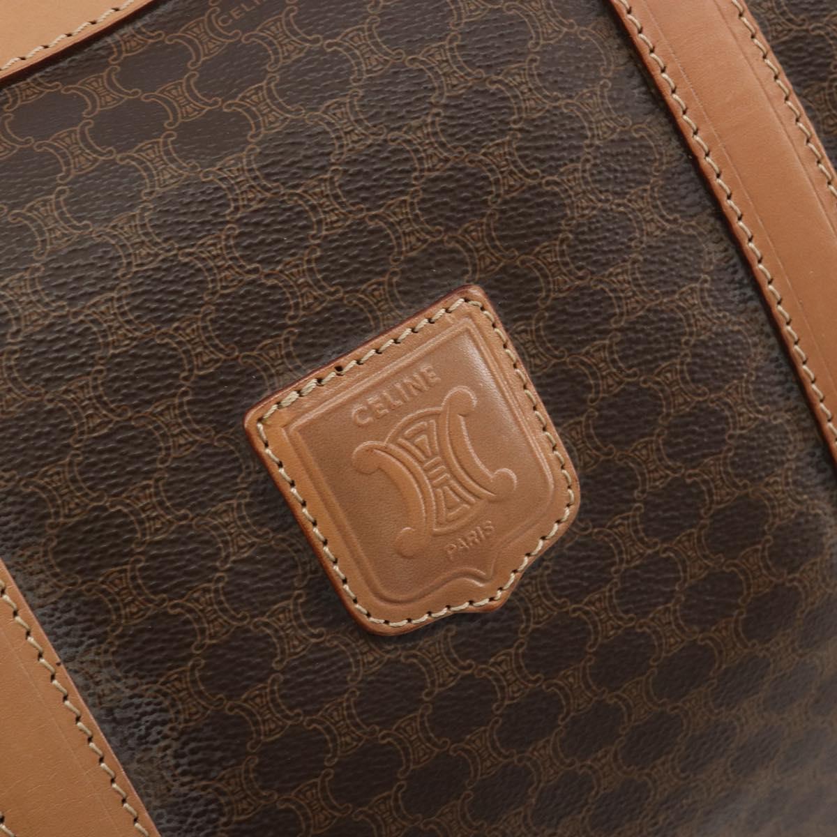 CELINE Macadam Canvas Boston Bag PVC Leather Brown Gold Auth 188967A