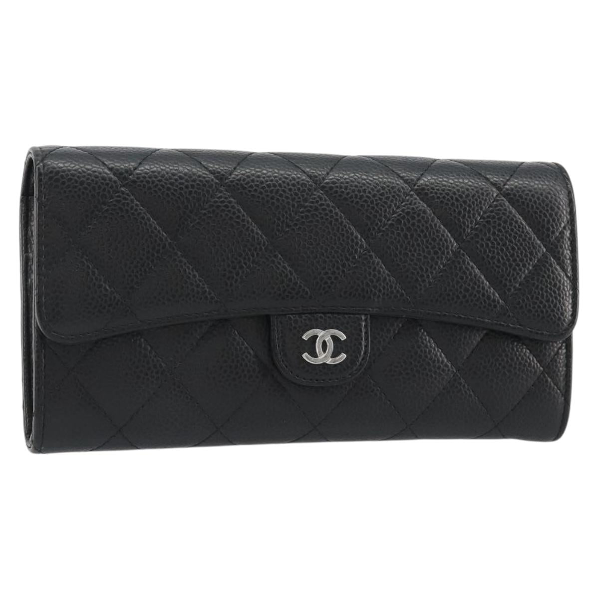 CHANEL Matelasse Long Wallet Caviar Skin Black Silver CC Auth 188983V