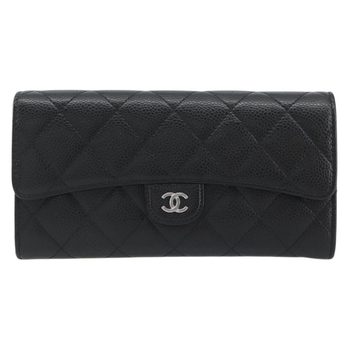 CHANEL Matelasse Long Wallet Caviar Skin Black Silver CC Auth 188983V