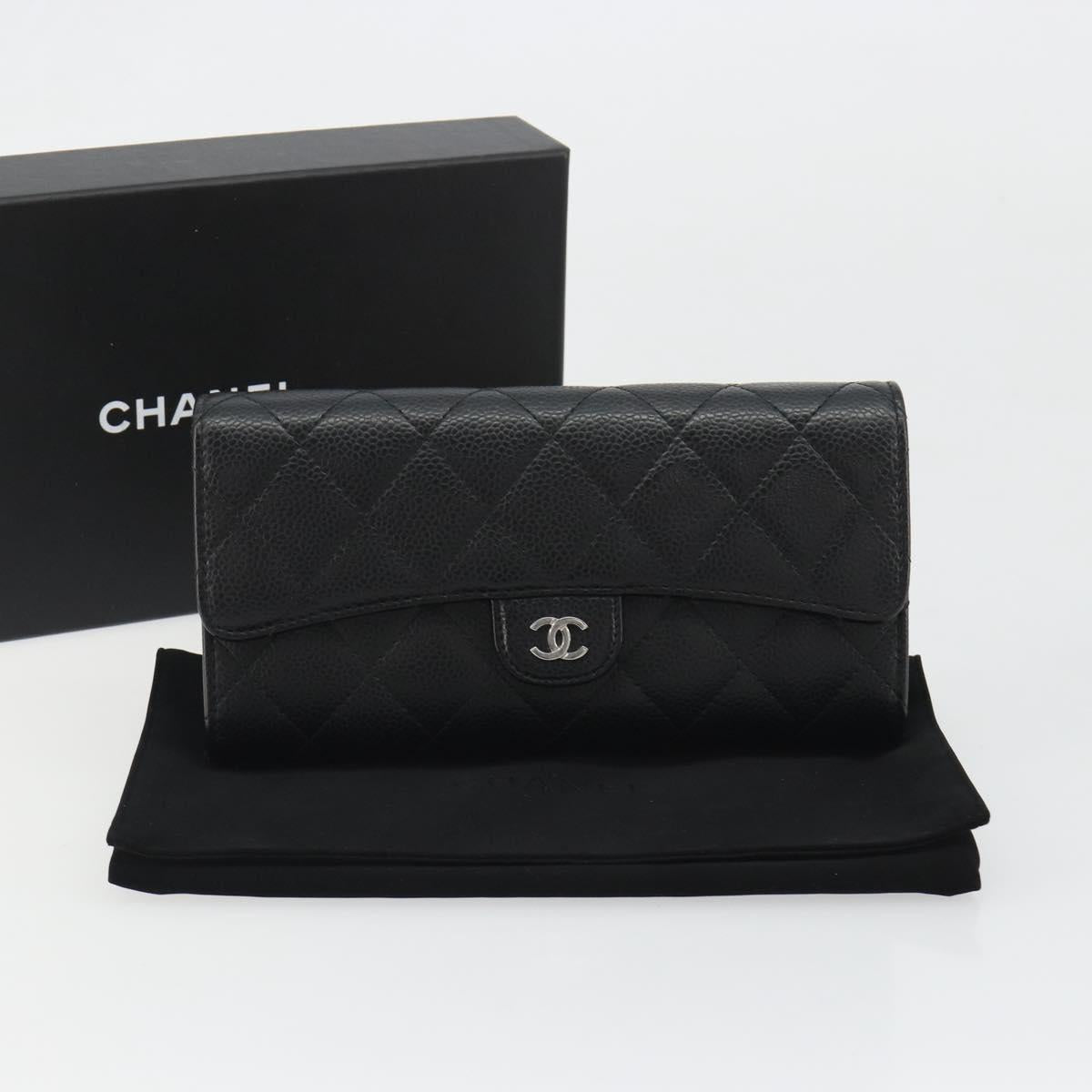 CHANEL Matelasse Long Wallet Caviar Skin Black Silver CC Auth 188983V