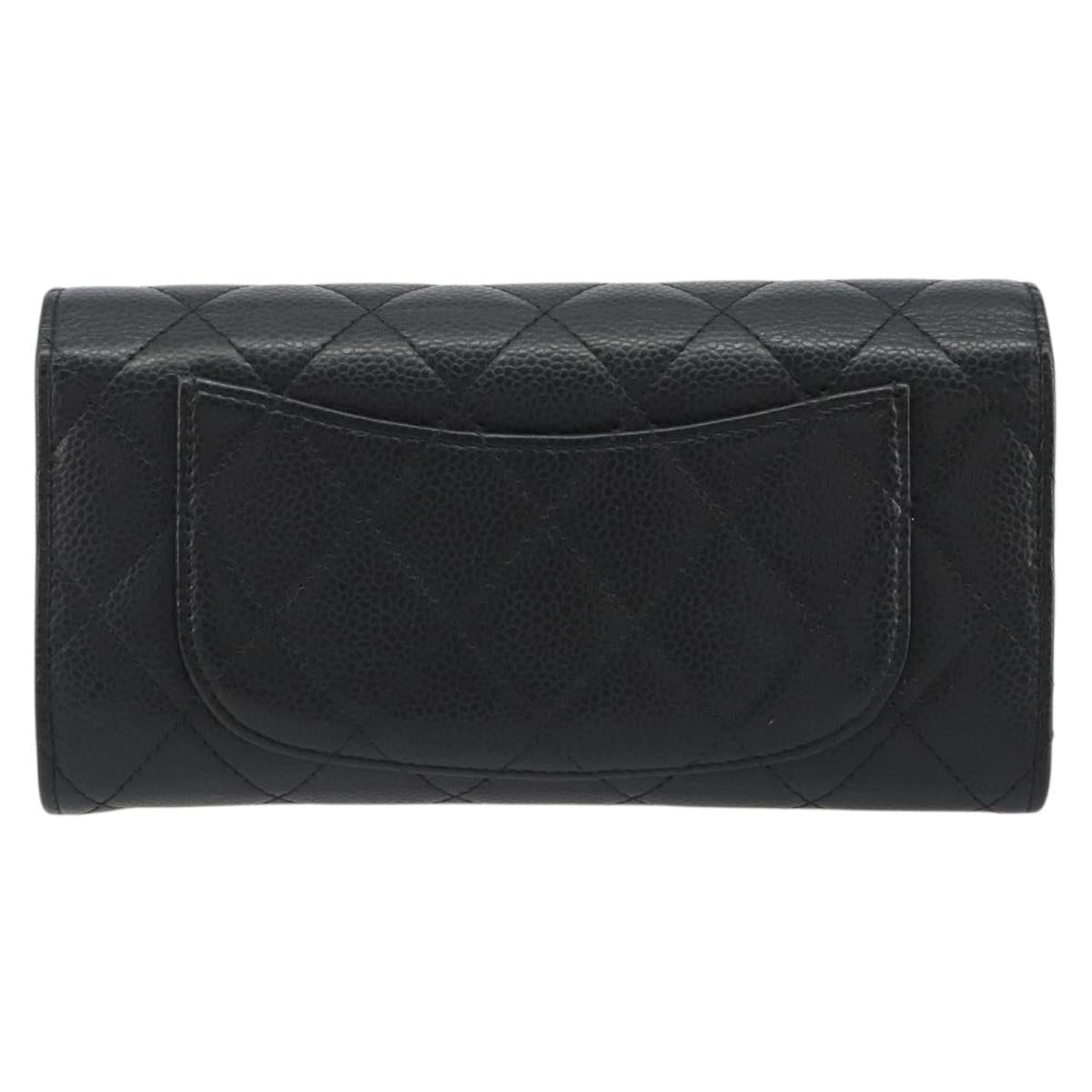 CHANEL Matelasse Long Wallet Caviar Skin Black Silver CC Auth 188983V