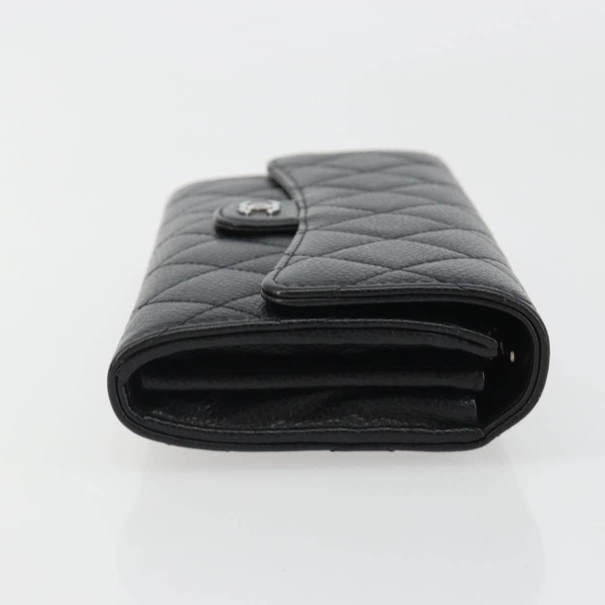 CHANEL Matelasse Long Wallet Caviar Skin Black Silver CC Auth 188983V