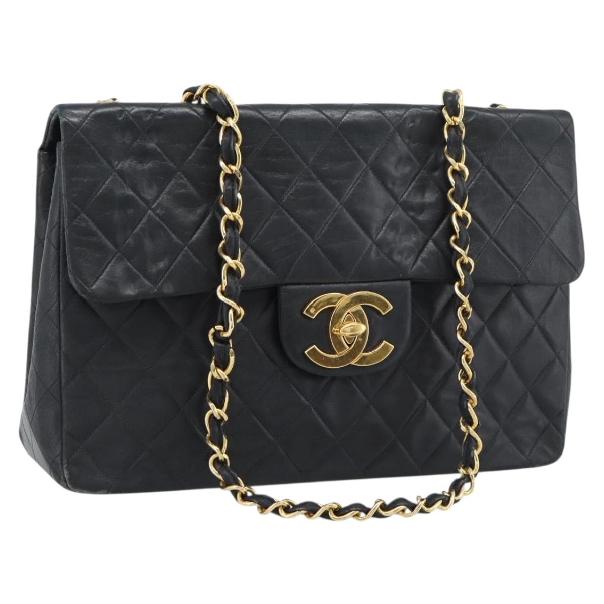 CHANEL Big Matelasse 34 Chain Shoulder Bag Lamb Skin Black Gold CC Auth 188990V