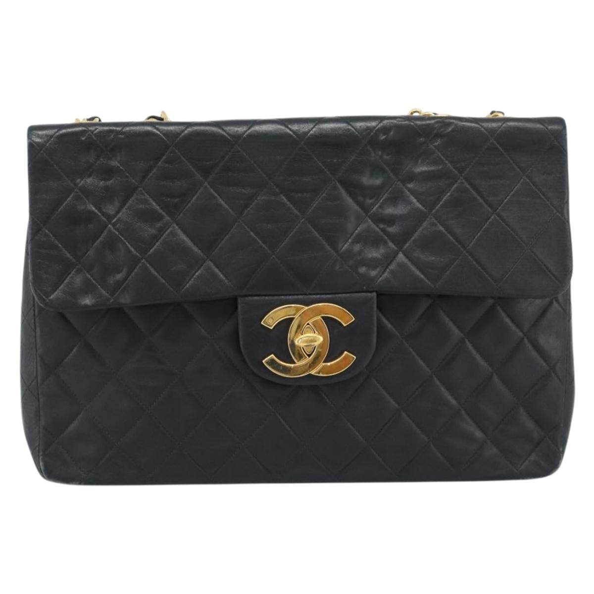 CHANEL Big Matelasse 34 Chain Shoulder Bag Lamb Skin Black Gold CC Auth 188990V