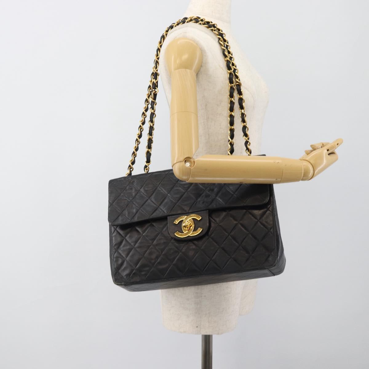 CHANEL Big Matelasse 34 Chain Shoulder Bag Lamb Skin Black Gold CC Auth 188990V