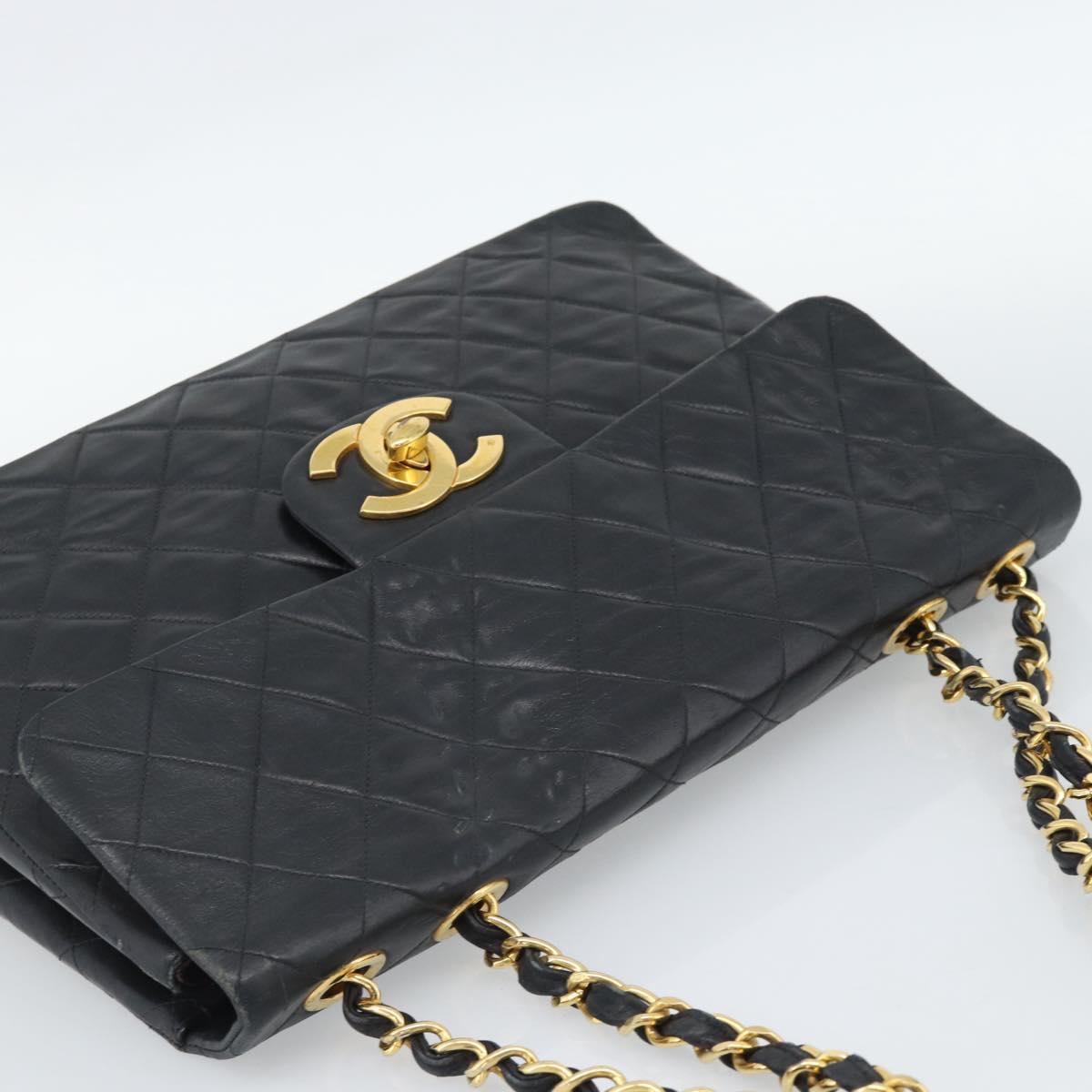 CHANEL Big Matelasse 34 Chain Shoulder Bag Lamb Skin Black Gold CC Auth 188990V