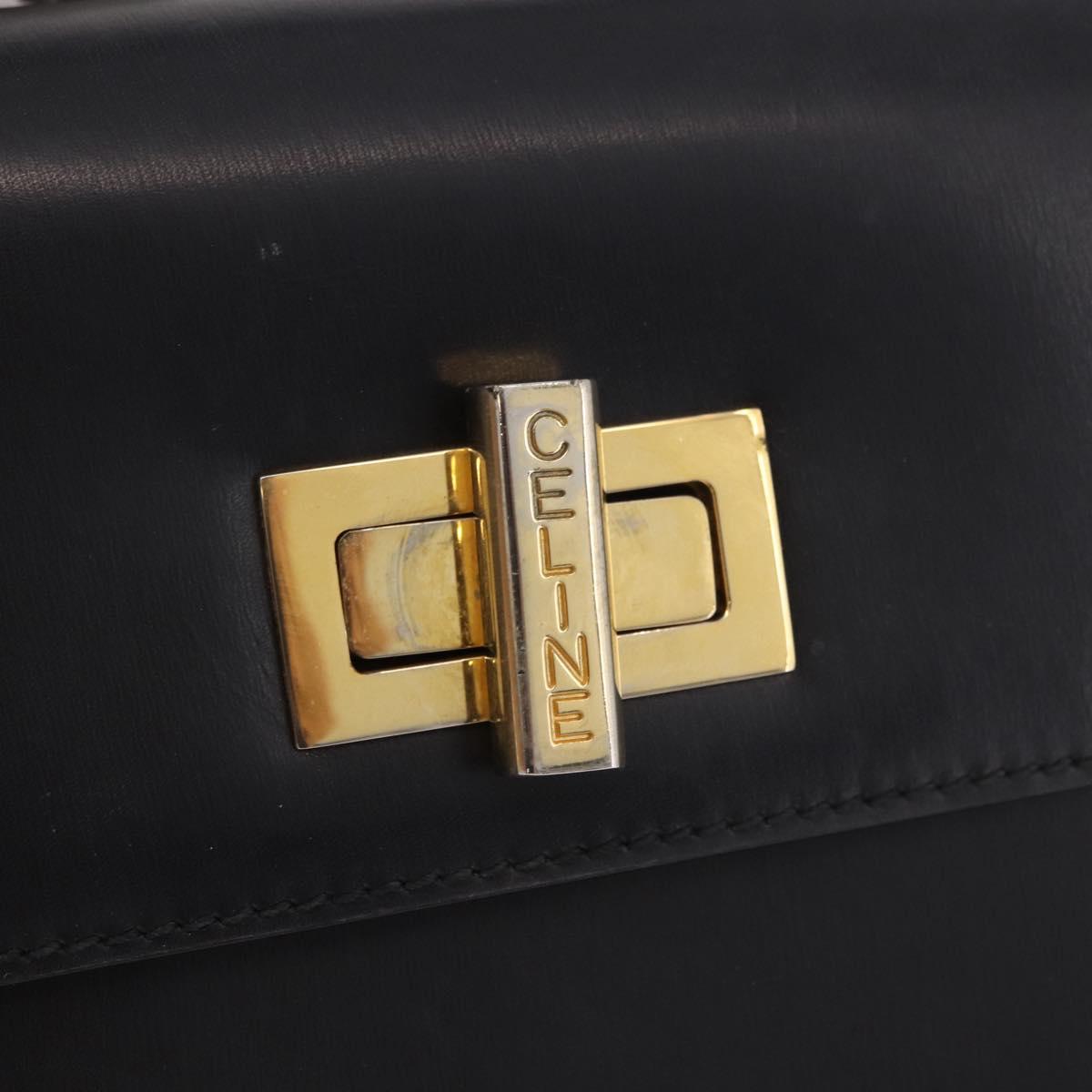 CELINE Hand Bag Leather Black Gold Auth 188999A