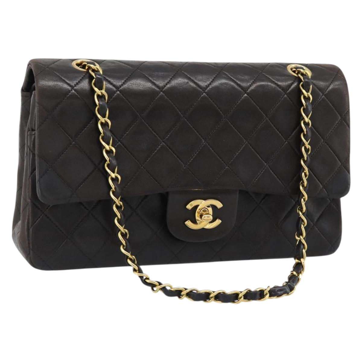 CHANEL Matelasse 25 Chain Shoulder Bag Lamb Skin Black Gold CC Auth 189017V