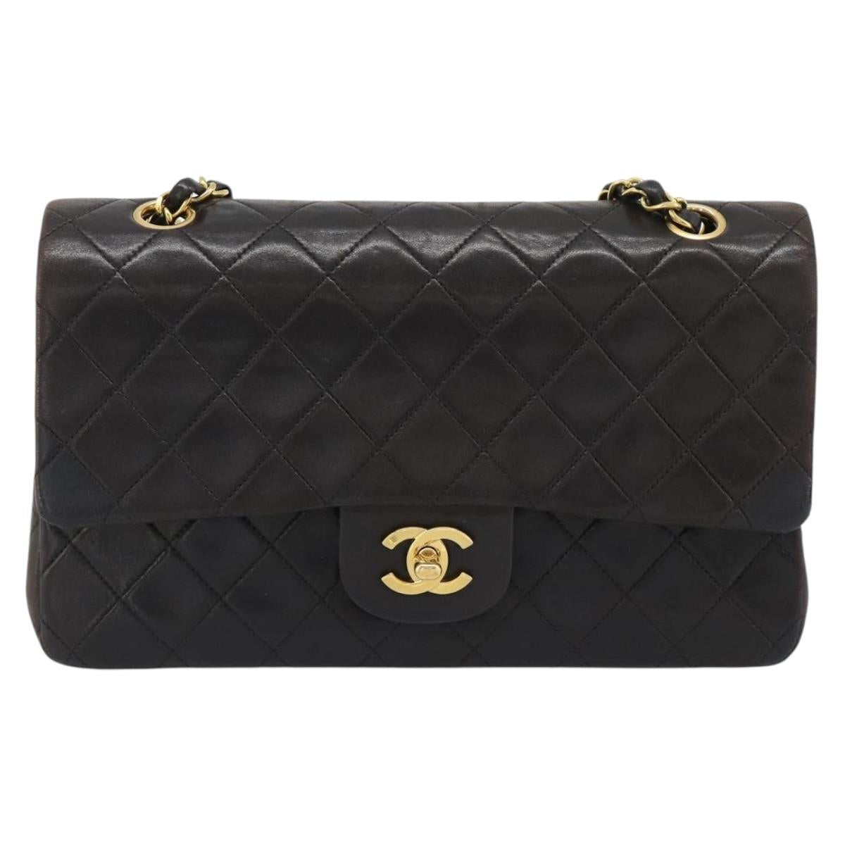 CHANEL Matelasse 25 Chain Shoulder Bag Lamb Skin Black Gold CC Auth 189017V