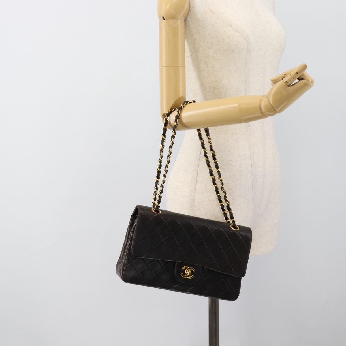 CHANEL Matelasse 25 Chain Shoulder Bag Lamb Skin Black Gold CC Auth 189017V
