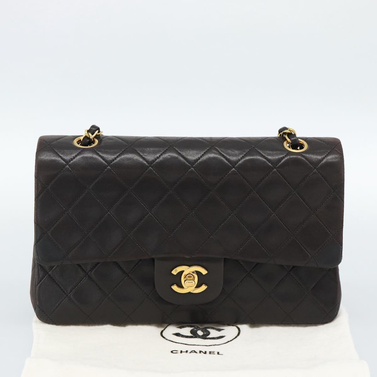 CHANEL Matelasse 25 Chain Shoulder Bag Lamb Skin Black Gold CC Auth 189017V