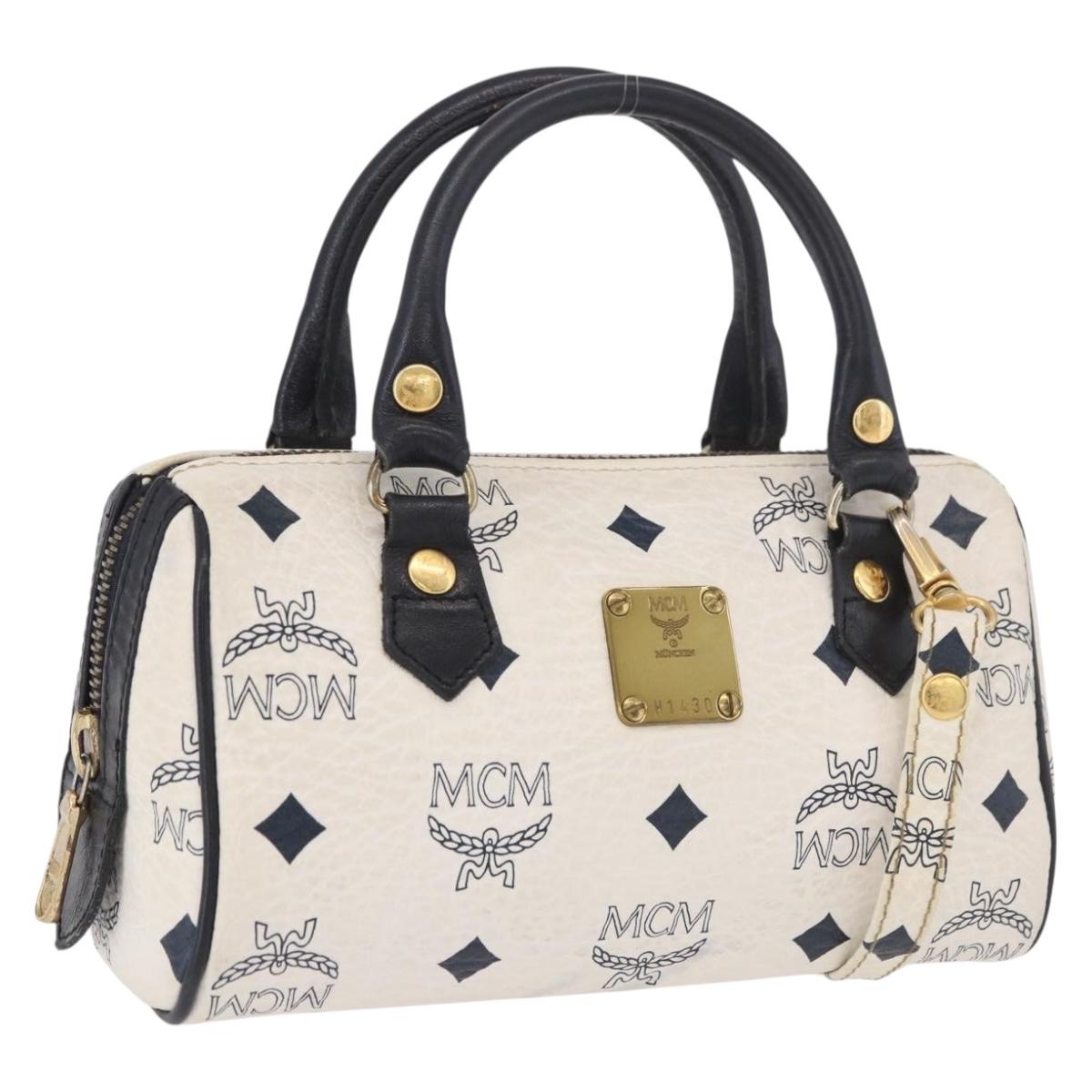 MCM Vicetos Logogram Mini Boston Bag PVC Leather 2way White Navy Auth 189022A