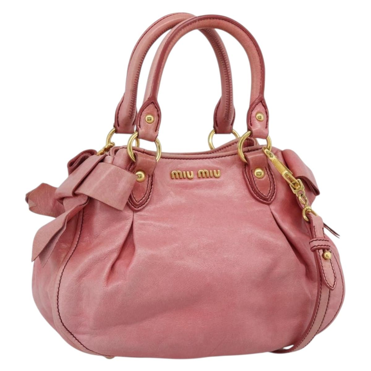 Miu Miu Ribbon Hand Bag Leather 2way Pink Gold Auth 189027A