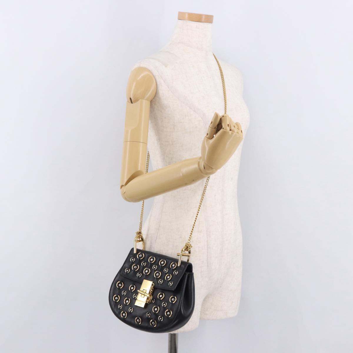 Chloe Drew Chain Shoulder Bag Leather Black Gold Auth 189046A