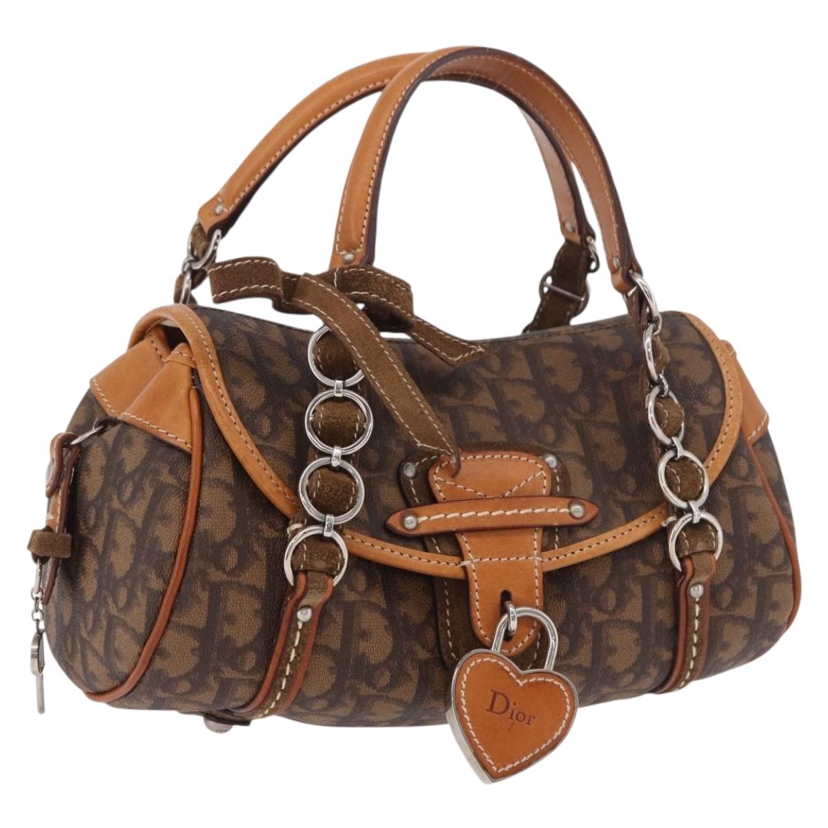 Christian Dior Trotter Canvas Romantic Chain Bag PVC Brown Silver Auth 189056