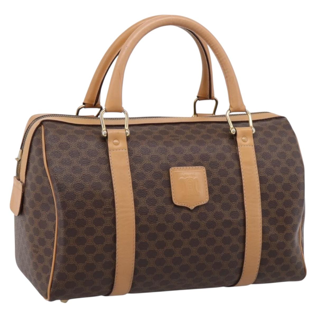 CELINE Macadam Canvas Boston Bag PVC Leather 2way Brown Gold Auth 189058