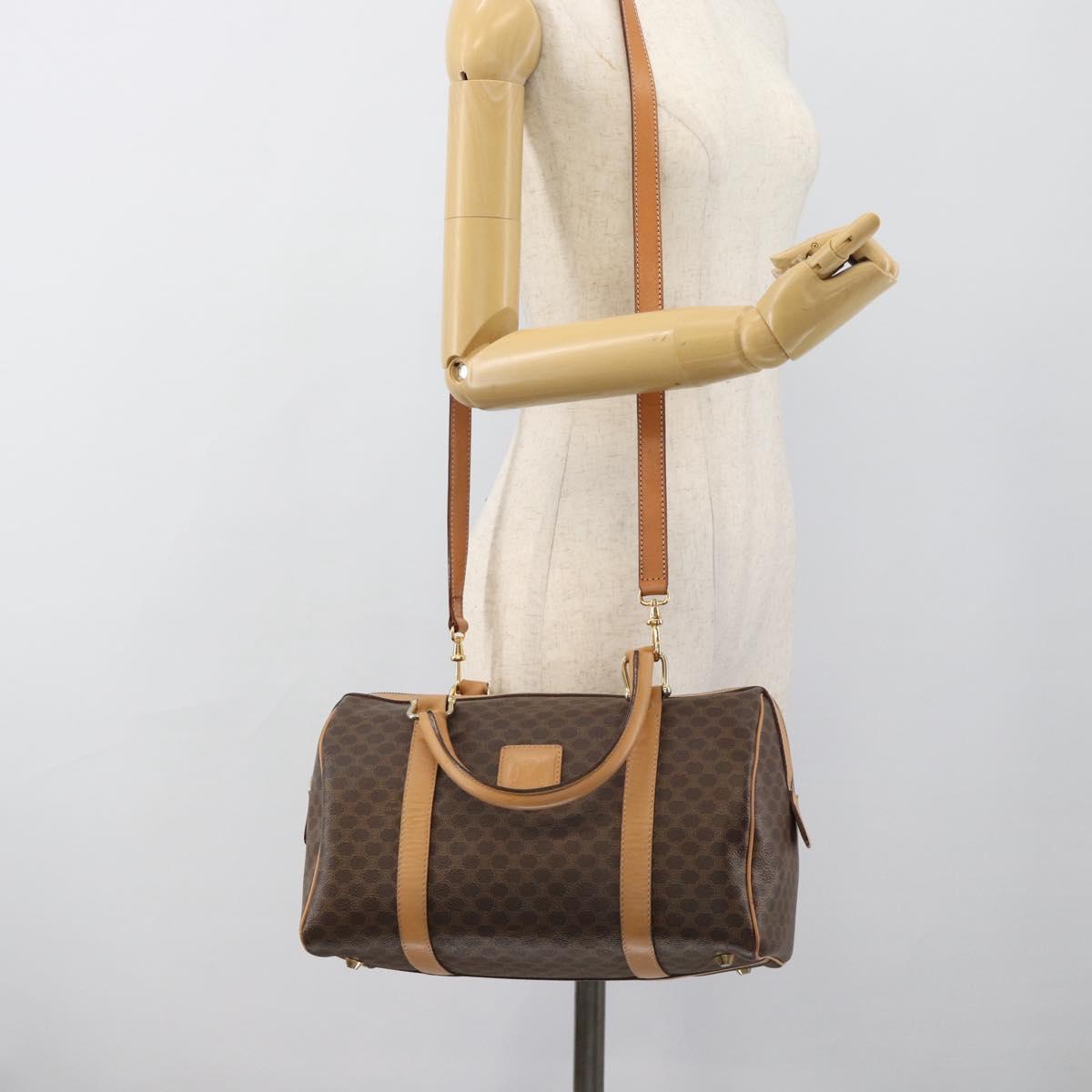 CELINE Macadam Canvas Boston Bag PVC Leather 2way Brown Gold Auth 189058A