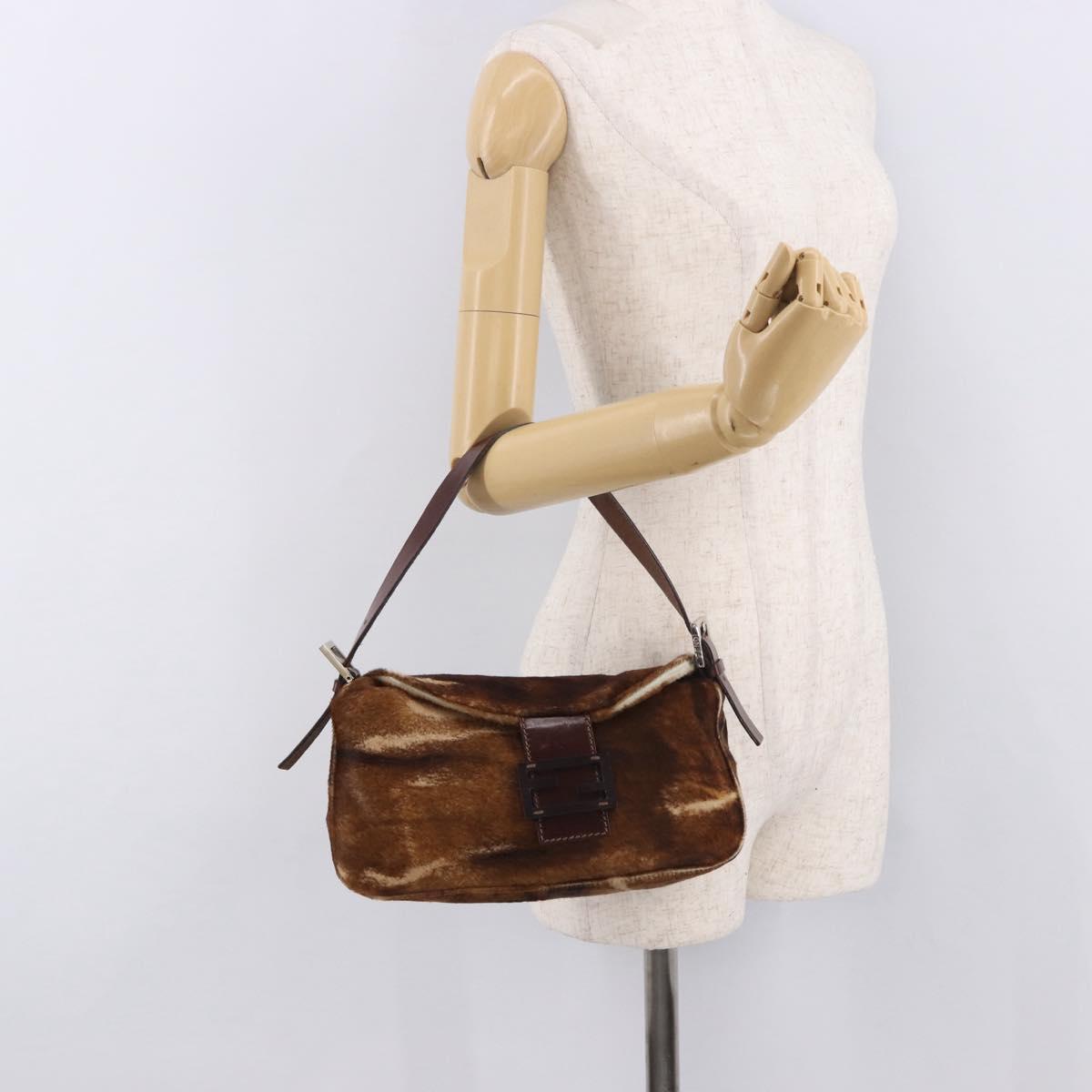 FENDI Mamma Baguette Shoulder Bag Harako leather Brown Silver Auth 189060A