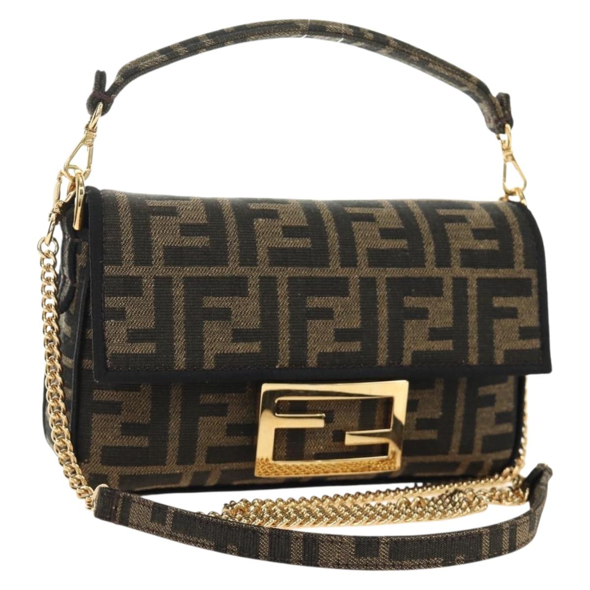 FENDI Chain Zucca Canvas Mamma Baguette Bag 2way Brown Black Auth 189061SV