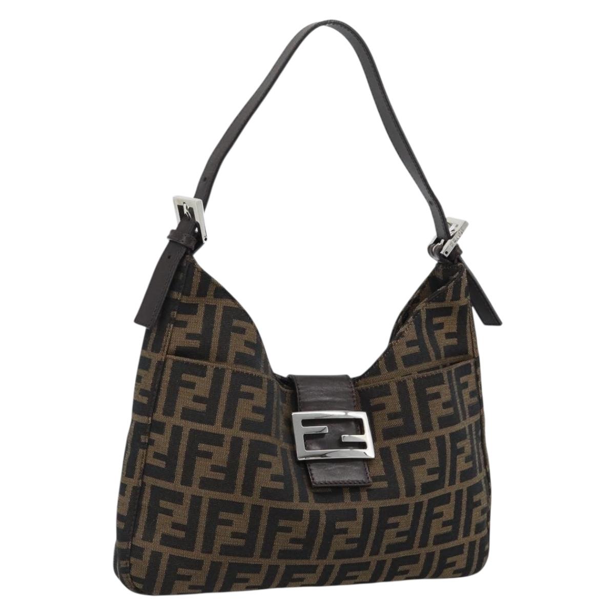 FENDI Zucca Canvas Mamma Baguette Shoulder Bag Black Brown Auth 189068V
